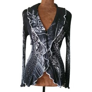 Caeliann Blouse Size M Pleated Ruffle Top Black White Floral Fairy Long Sleeve